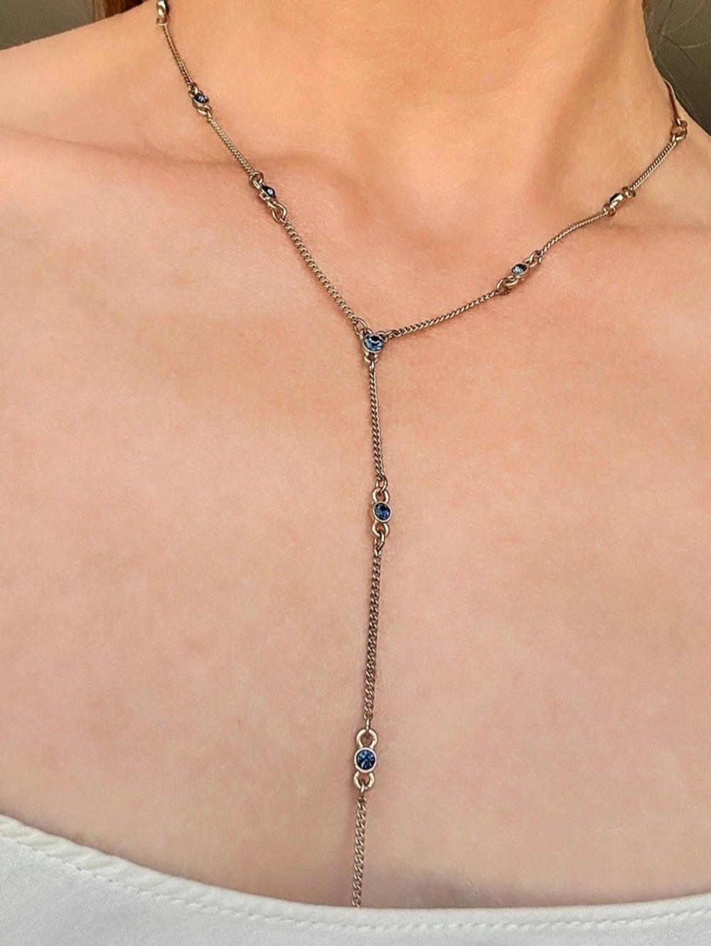 Vintage Gold Tone Blue Crystal Y-Lariat Necklace | Delicate Boho Chain